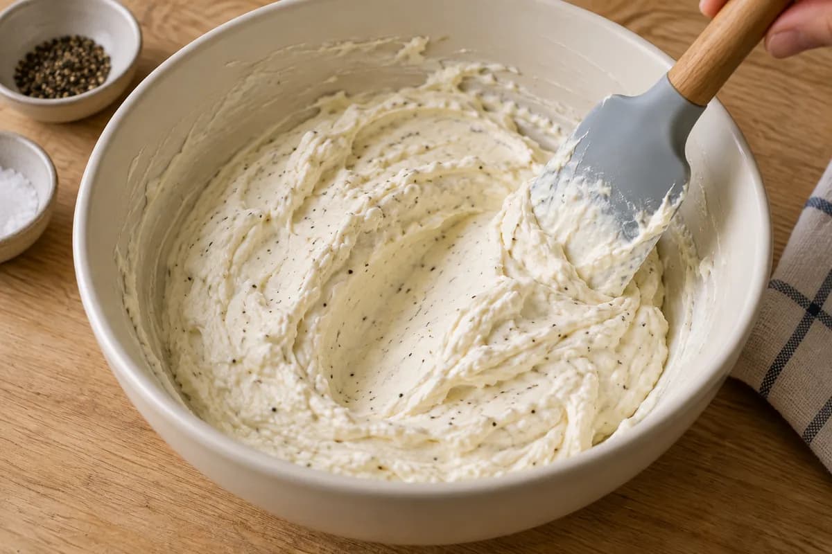 A cream ceramic mixing bowl of smooth thick cream cheese and sour cream.