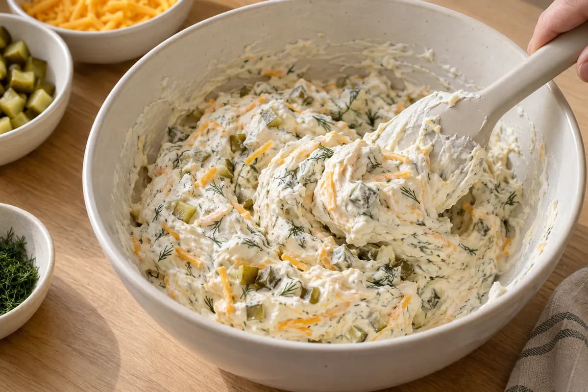 A cream ceramic mixing bowl with thick off-white cream-cheese dip being gently folded by a pale silicone spatula.