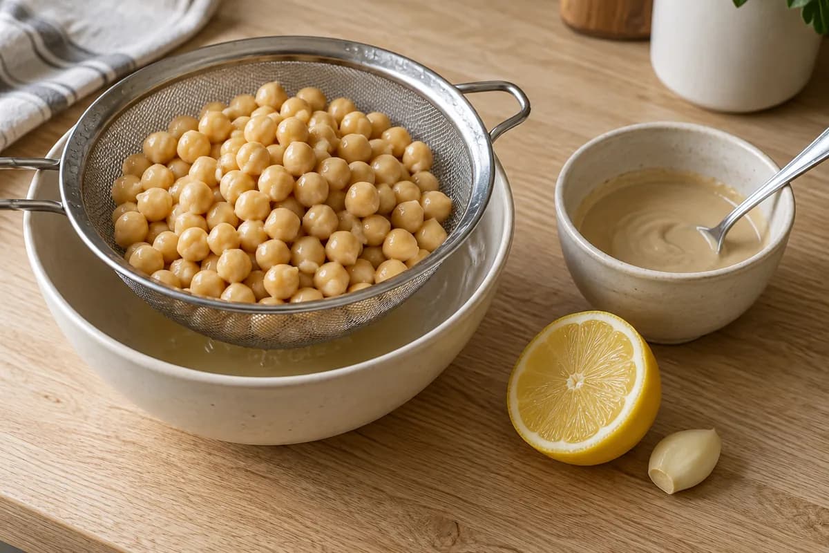 Rinsed canned chickpeas draining in a fine metal sieve over a cream ceramic bowl on a pale oak kitchen counter.
