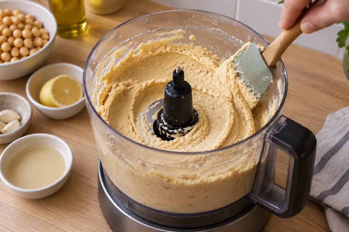 Open transparent food-processor bowl on a pale oak counter, machine switched off and lid removed, filled with pale creamy chickpea hummus.