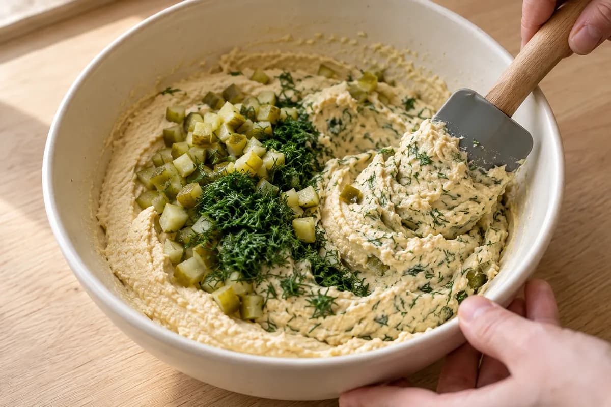 Pale hummus in a cream ceramic mixing bowl on a pale oak counter, small green pickle cubes and finely chopped dill being folded into it with a broad silicone spatula.