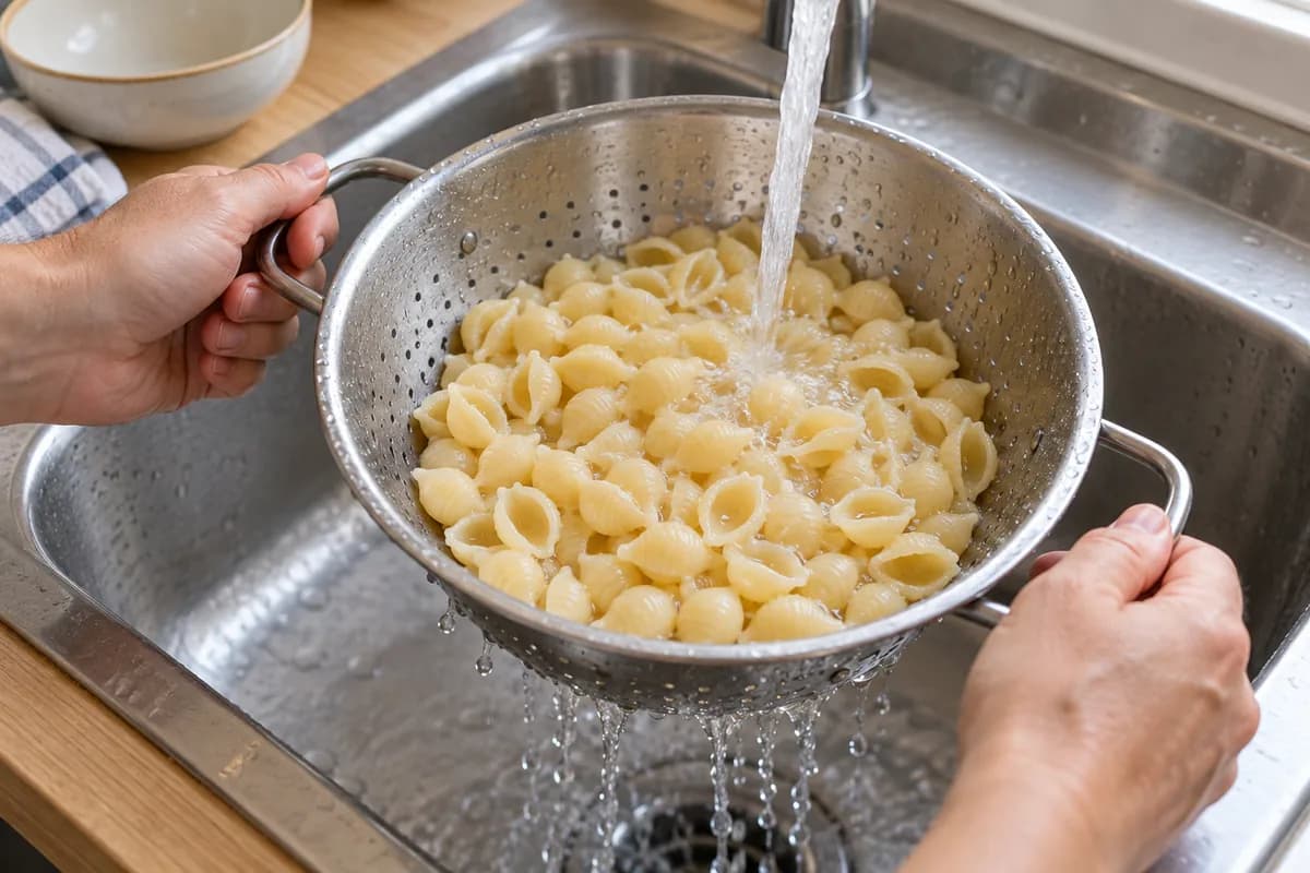 Cooked small pasta shells in a stainless steel colander in a clean sink, just rinsed under a gentle cold-water stream and draining.