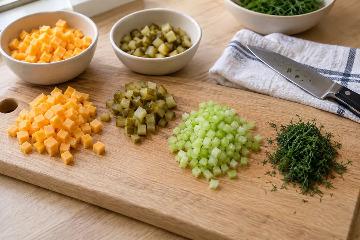 Pale oak board with separate small piles of roughly 5 mm cheddar cubes, similarly small green pickle cubes, finely diced celery and chopped fresh dill.