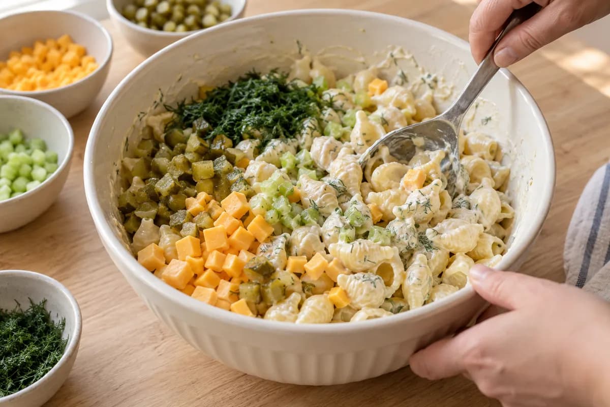 Pasta shells, cheddar, pickles, celery and dill being folded together with creamy dressing.