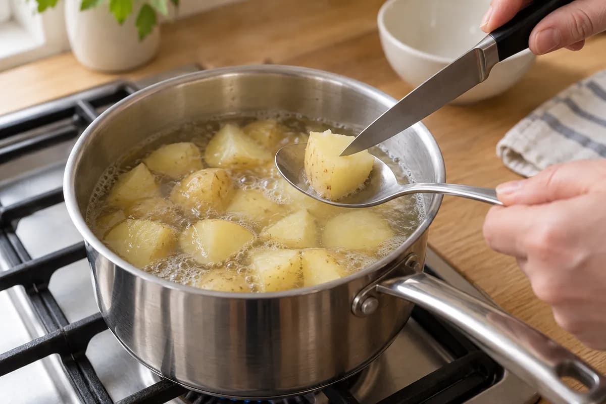 Stainless steel saucepan on a domestic hob containing simmering even 2 cm waxy potato chunks with sound thin skins on.