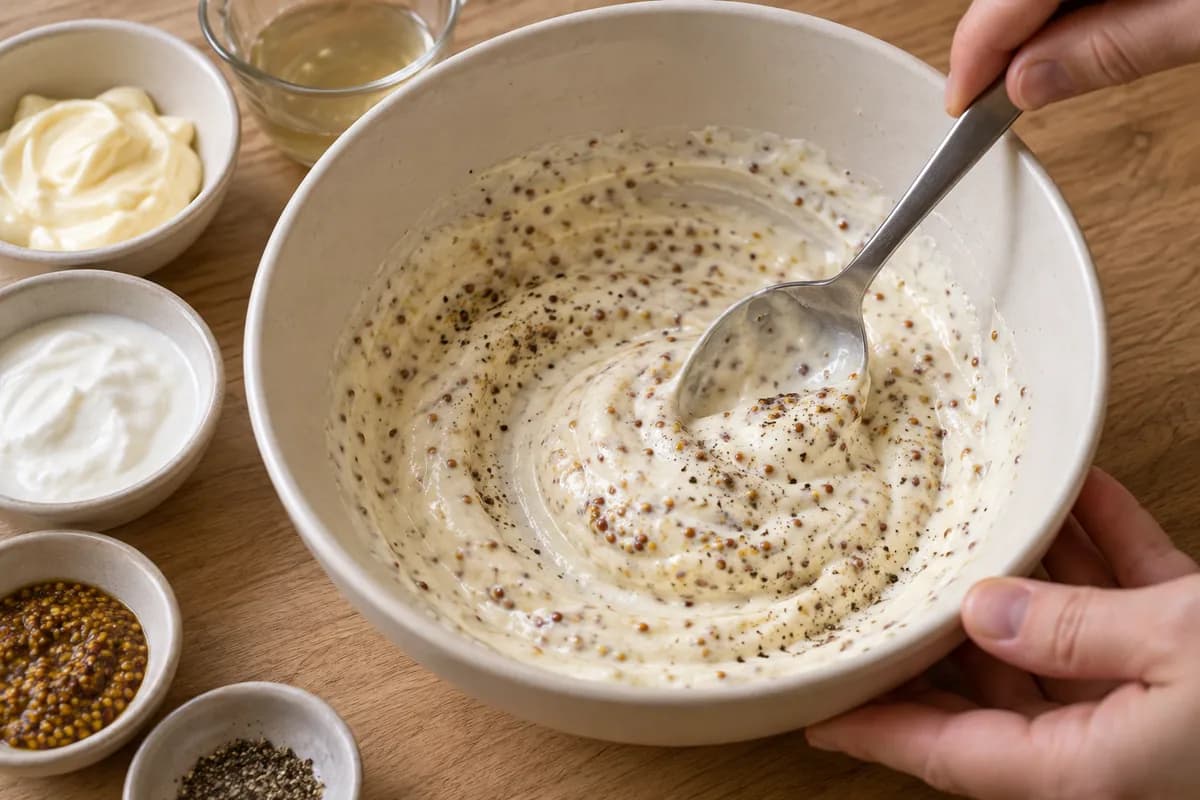 Large cream ceramic mixing bowl with mayonnaise, thick plain yoghurt, wholegrain mustard seeds, measured brine and black pepper being mixed by a broad spoon.