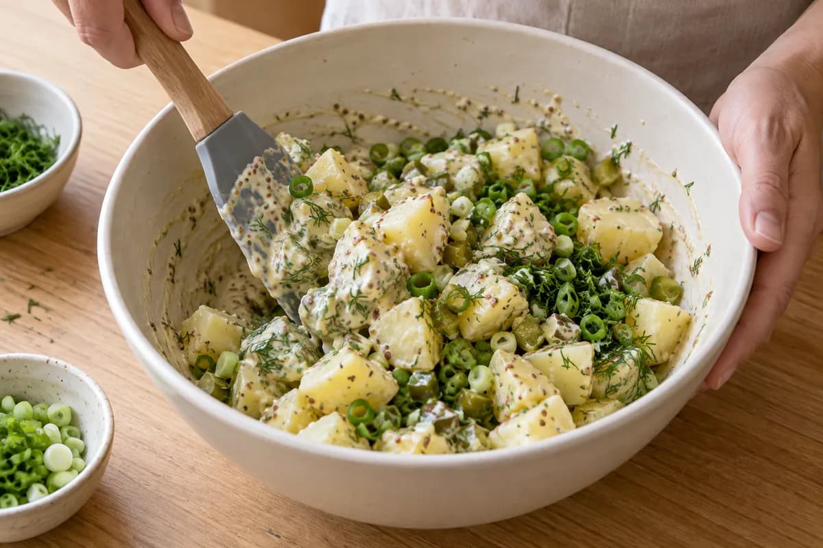 Cooked potato chunks, diced pickles, spring onion and dill being folded through mustard dressing.