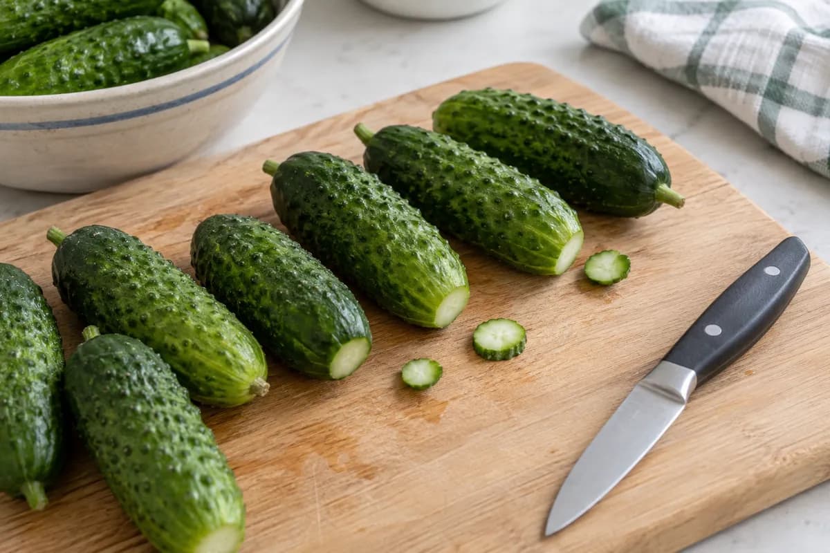 Small washed cucumbers with thin blossom-end slices trimmed off on a board.