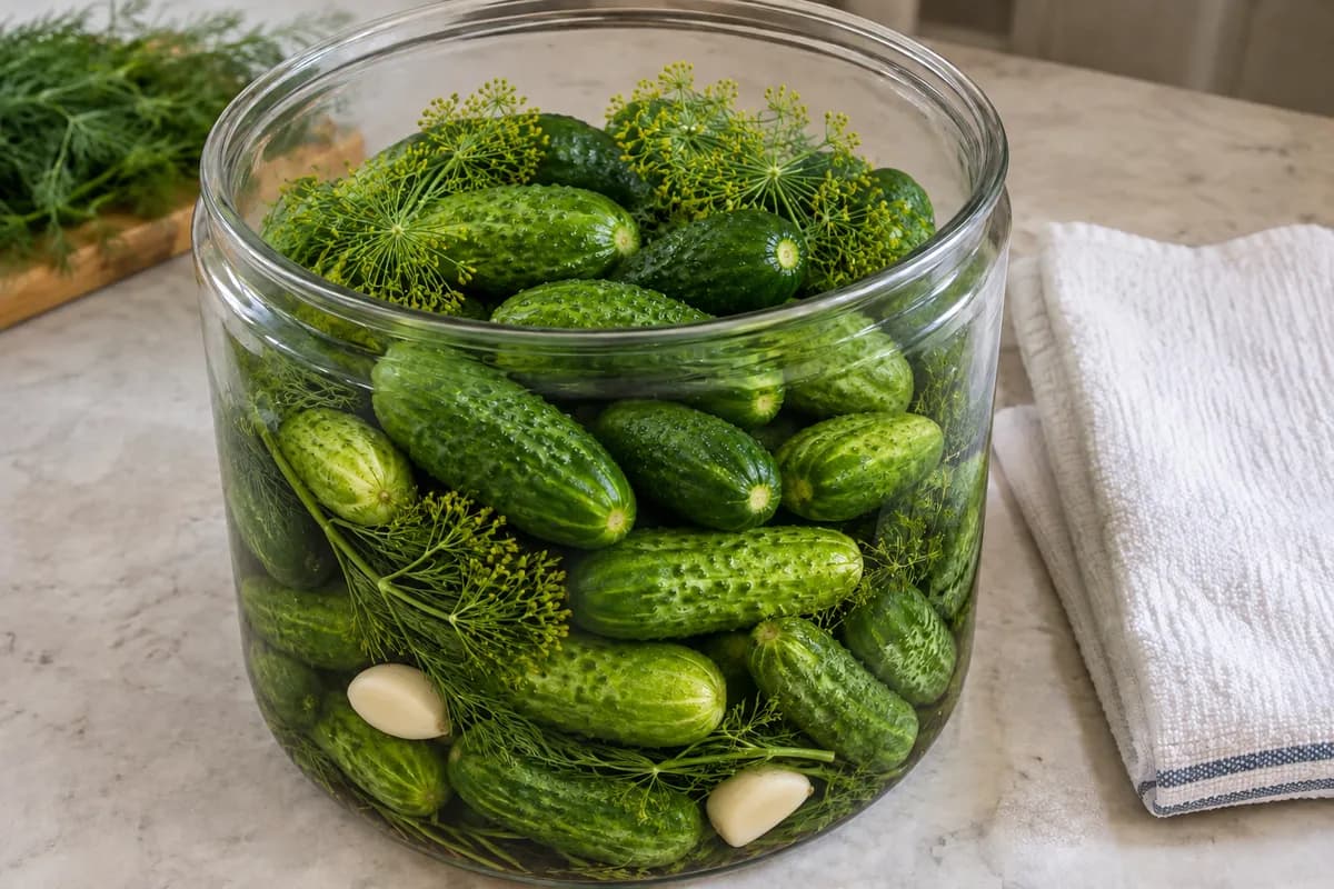 Whole cucumbers layered with dill and two garlic cloves before brine is added.