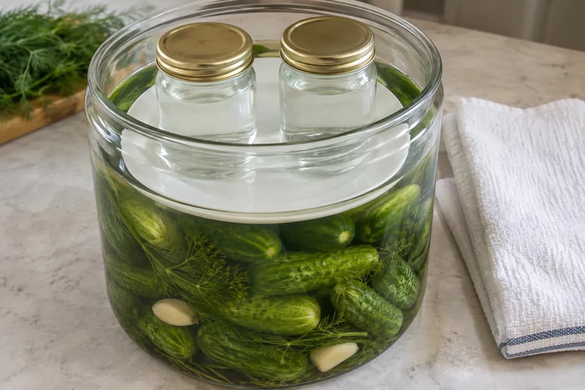 Cucumbers held below brine by a plate weighted with sealed water-filled jars in an open vessel.
