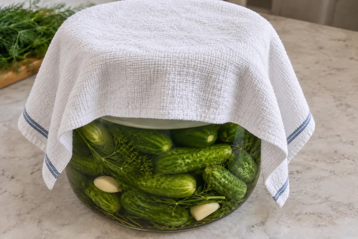 The weighted cucumber vessel covered with a clean heavy towel for fermentation.