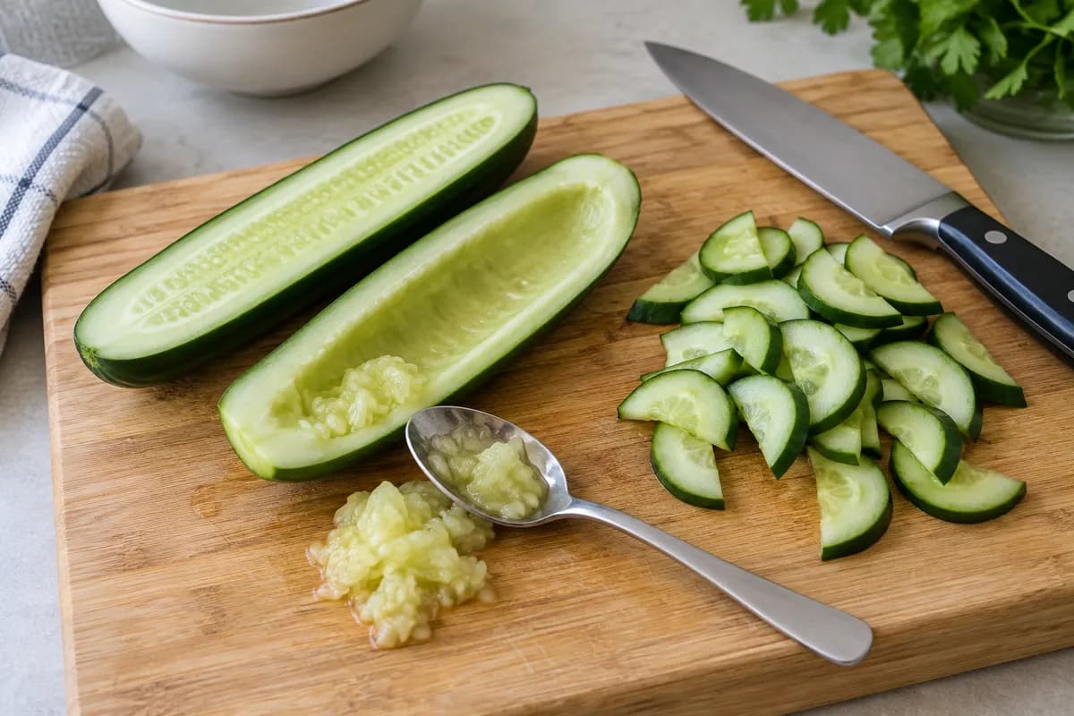A cucumber half with its watery centre scooped out beside thin half-moon slices.