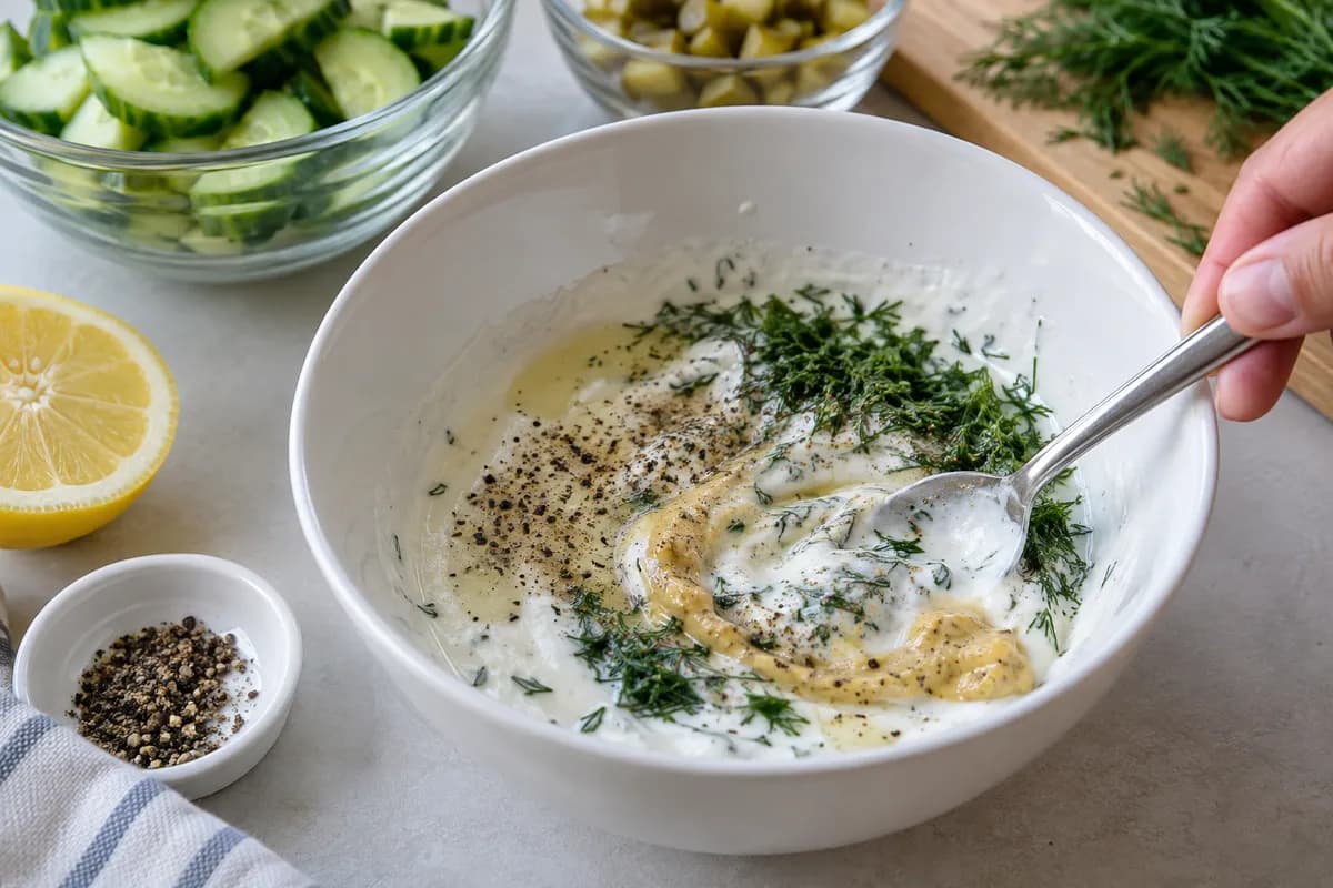Yogurt, dill, mustard and lemon mixed into a light dressing.