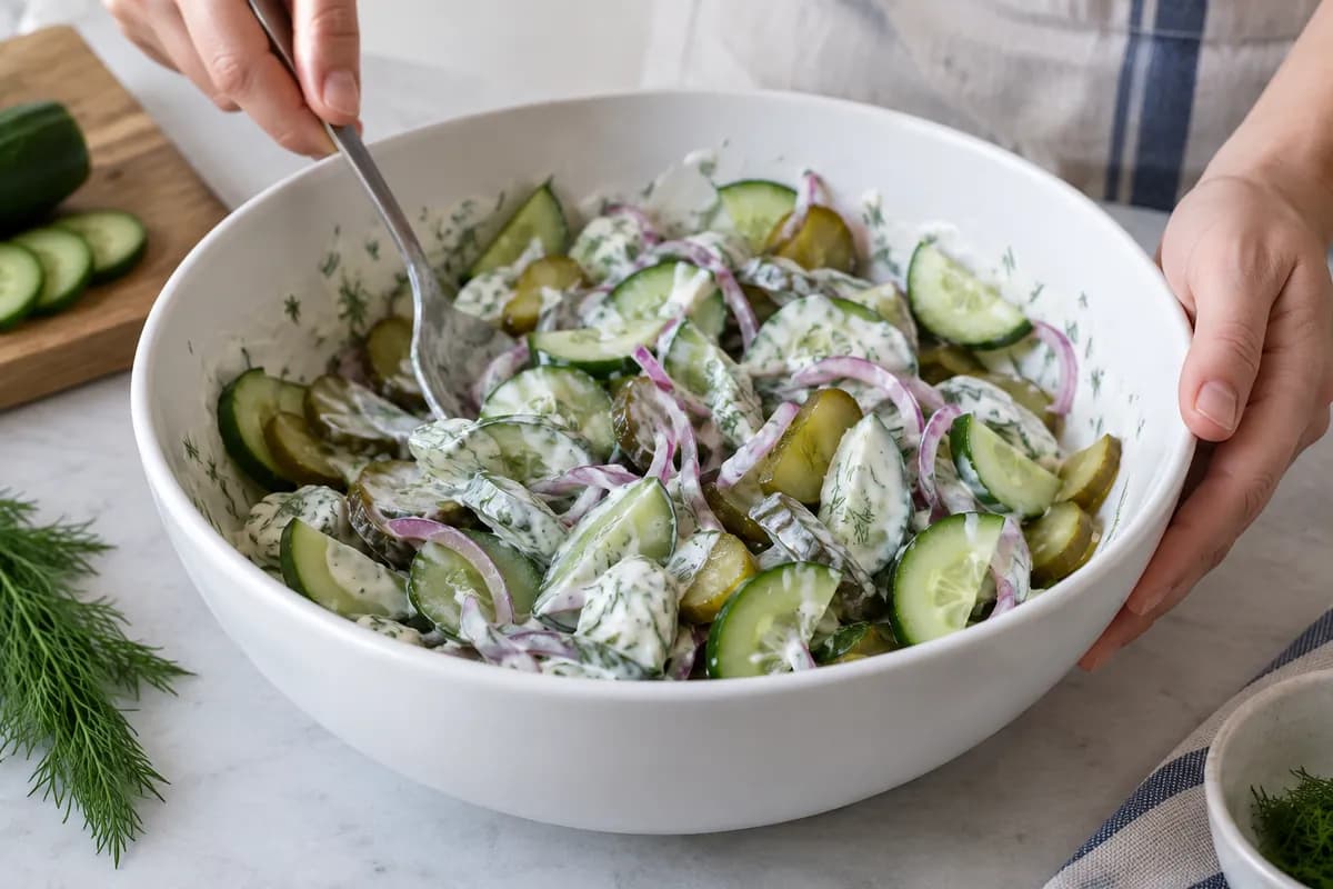 Fresh cucumber, pickle and onion folded through the yogurt dressing.
