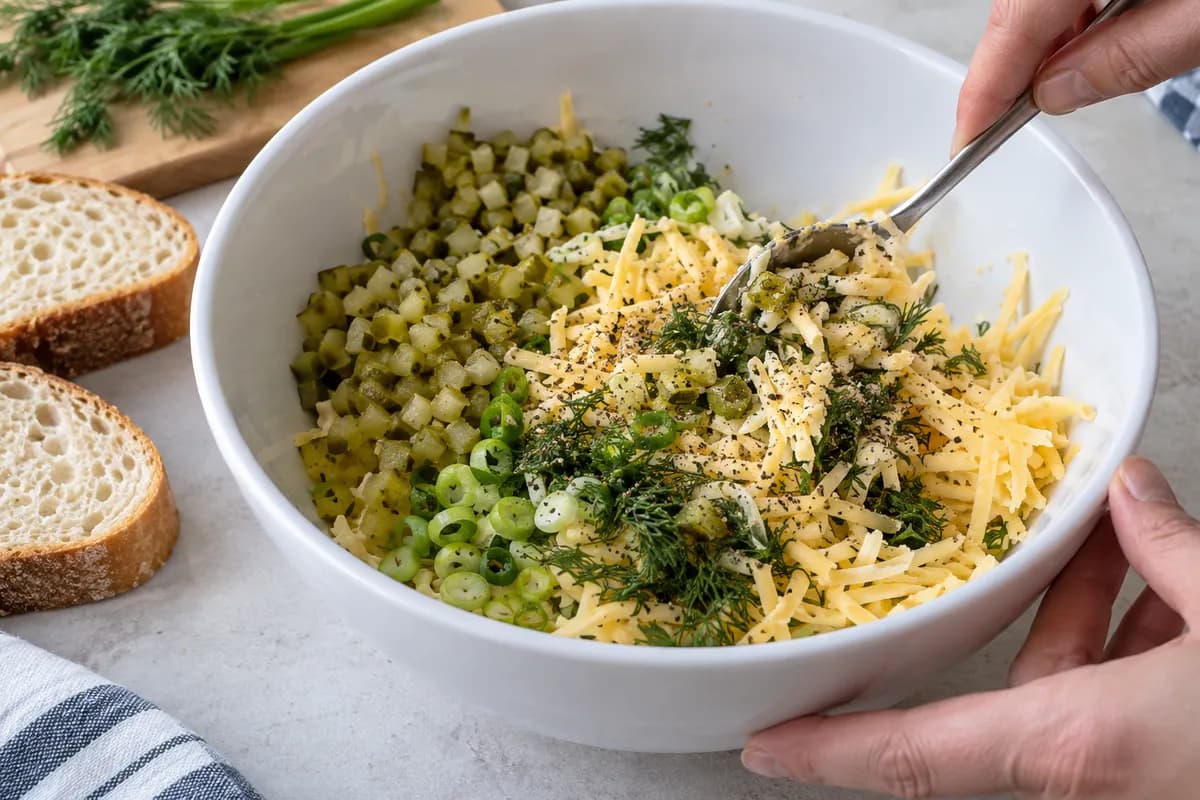 Grated cheddar mixed with dried-off pickles, spring onion and dill.