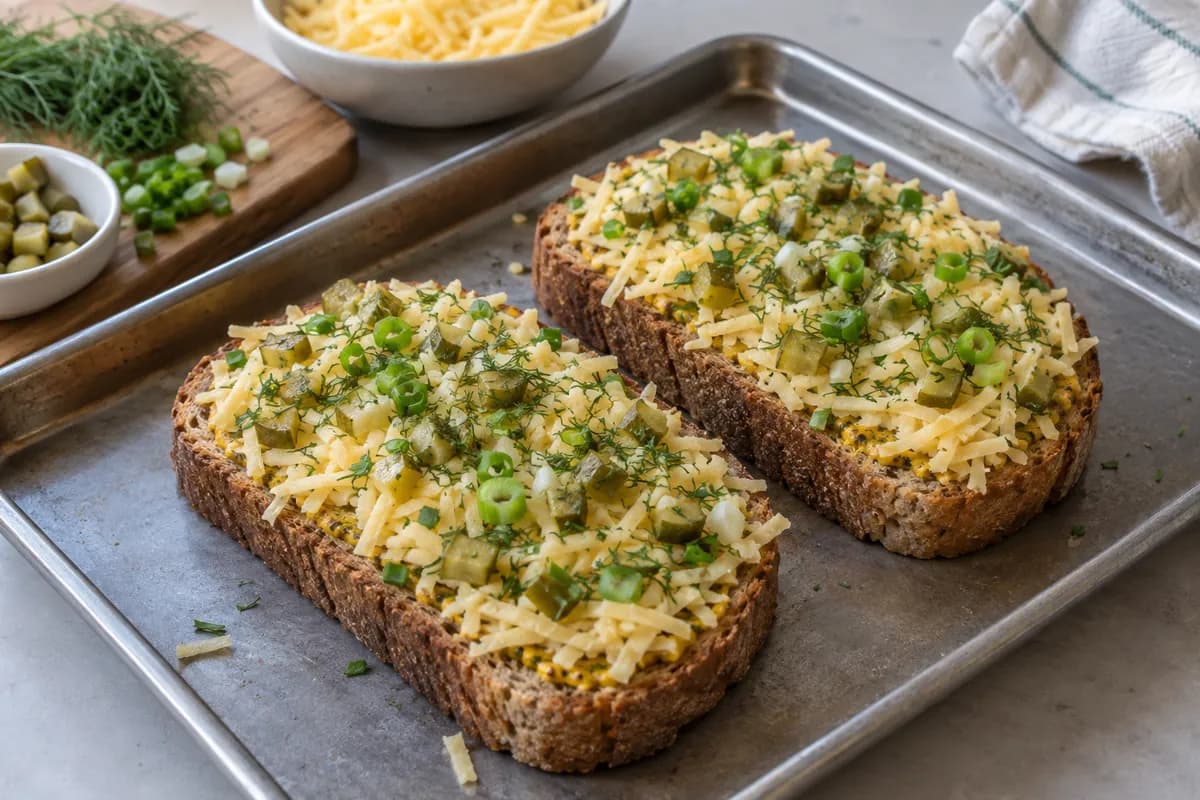 The pickle-cheese mixture spread evenly over two mustard-coated toasts.