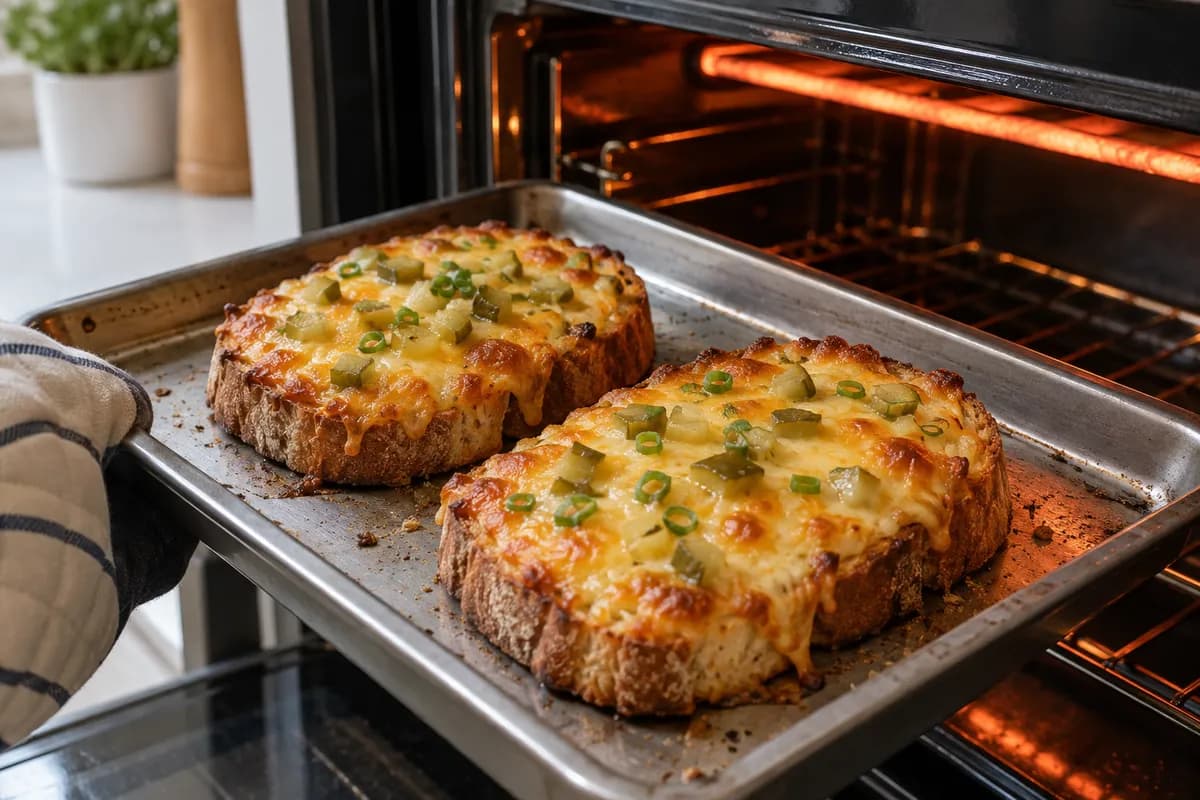 Cheddar bubbling and turning golden on the pickle toasts under an oven broiler.