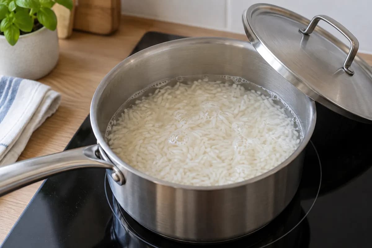 Long-grain rice simmering in a small saucepan