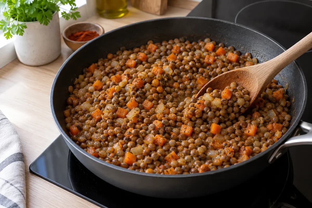 Lentils warming with carrot, onion and paprika in a frying pan