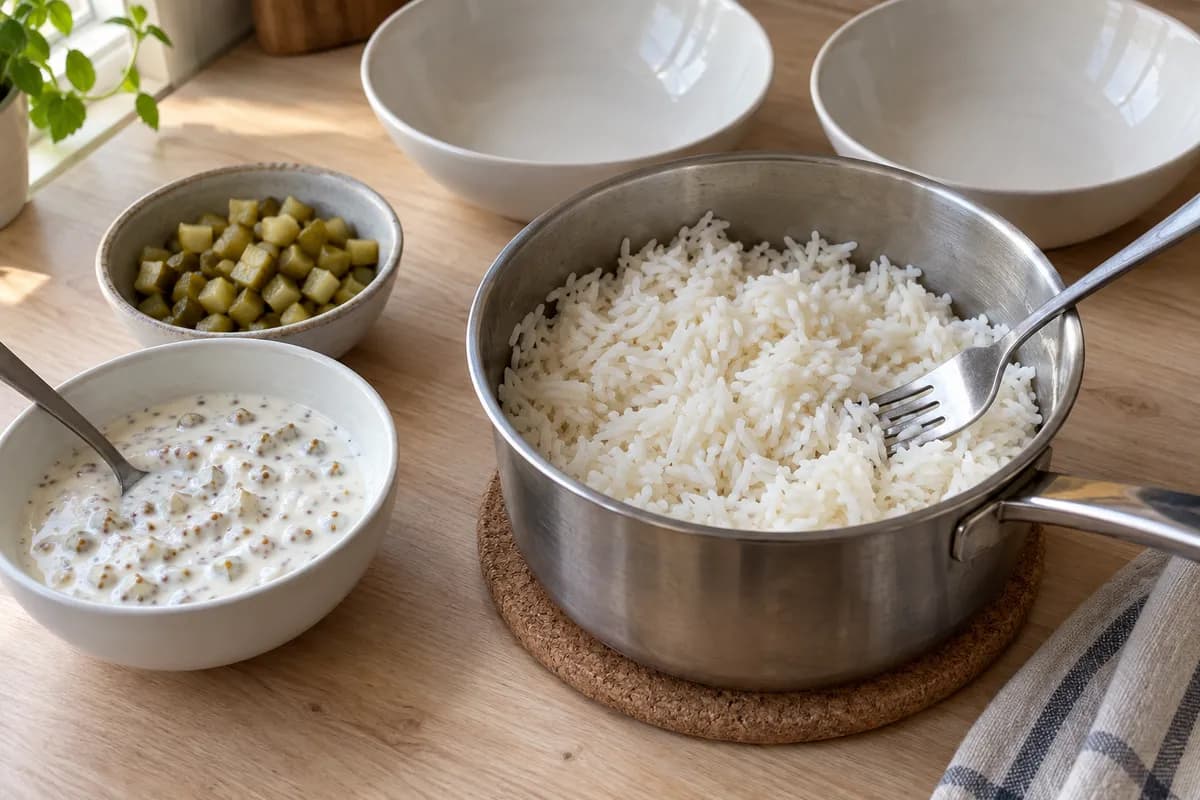 Cooked rice fluffed with a fork beside mustard yogurt and diced pickles