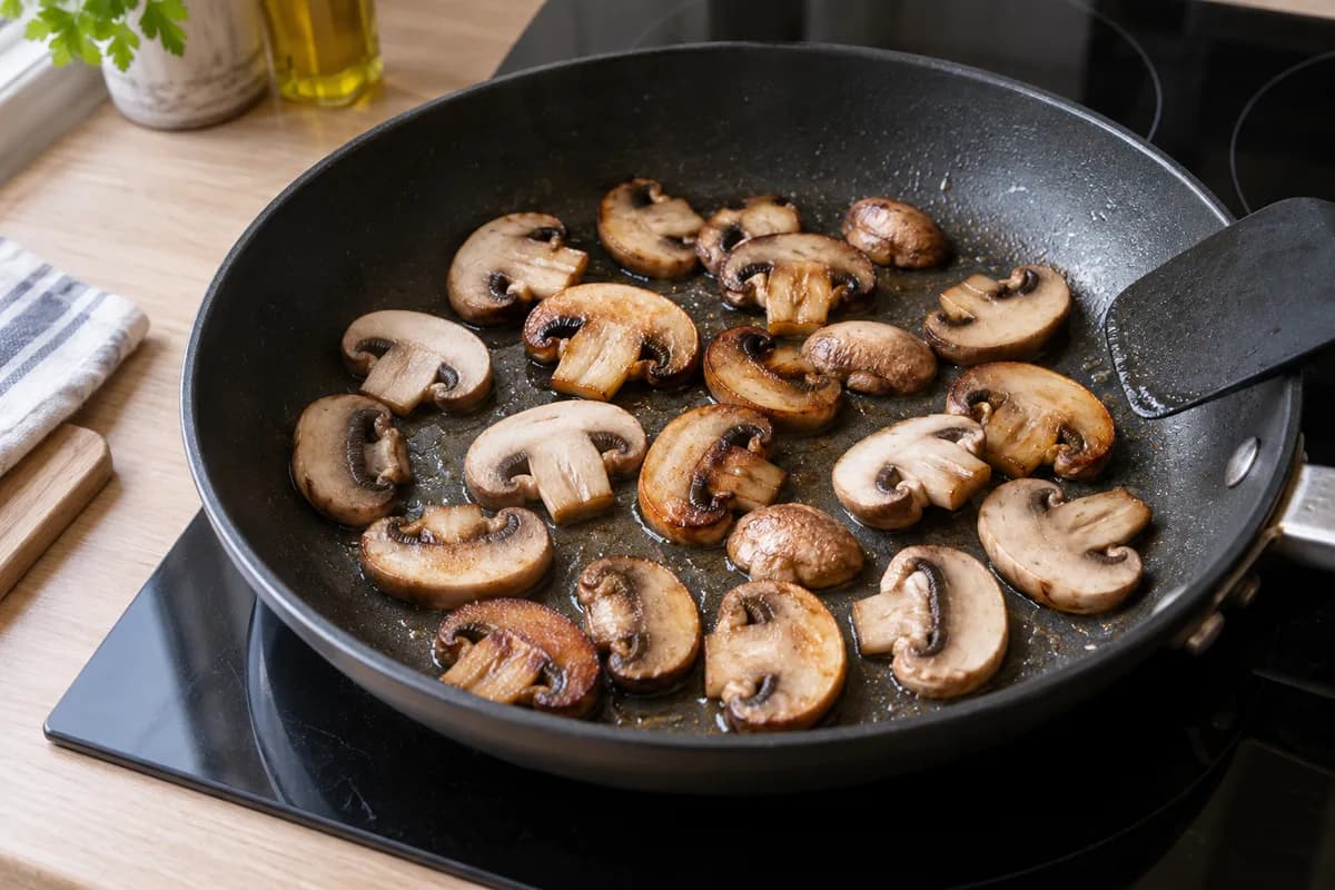 Mushroom slices browning in one loose layer in a frying pan