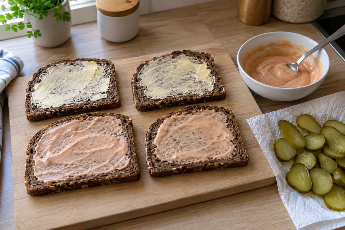 Rye slices with butter outside and pink sandwich dressing inside