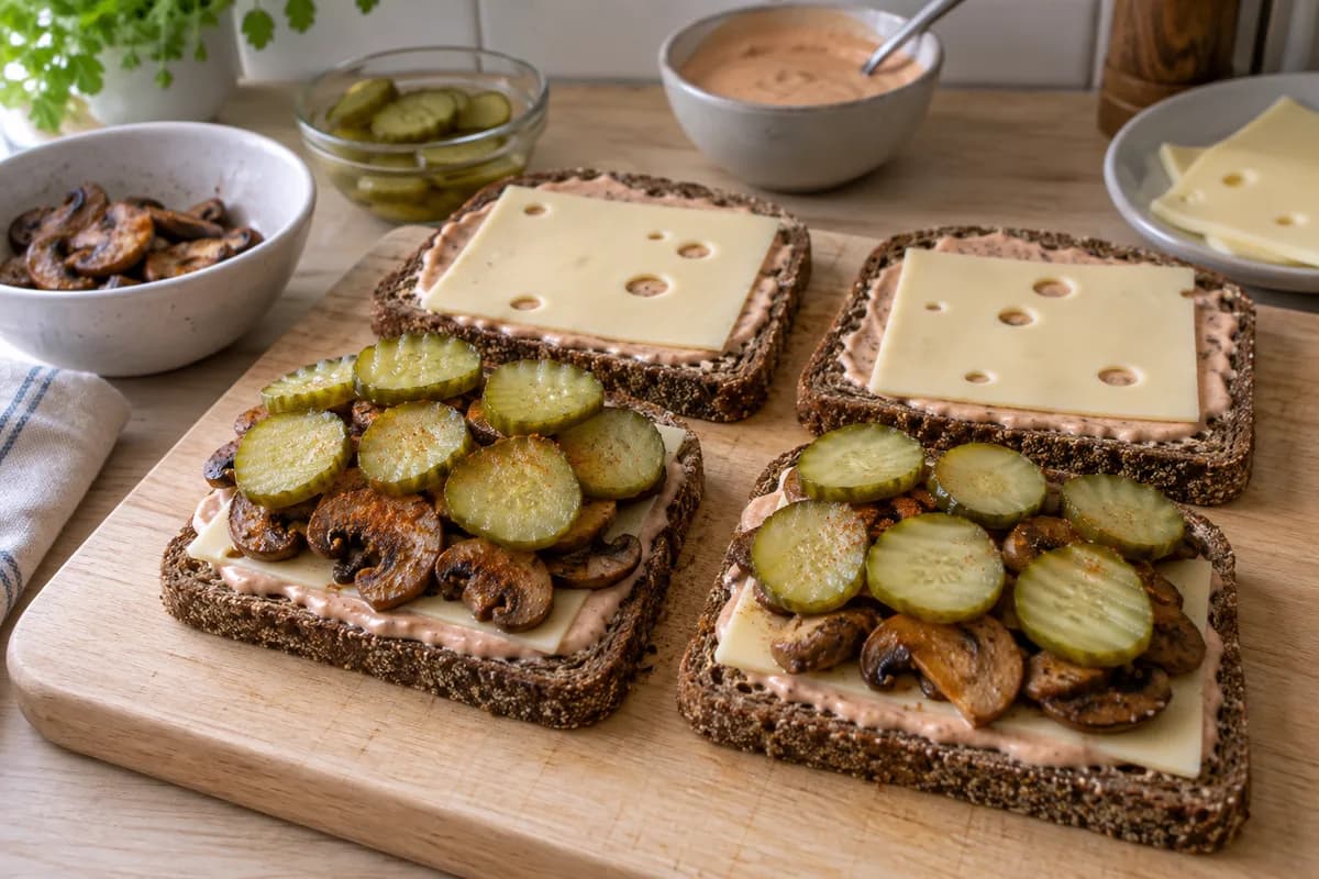 Swiss cheese, browned mushrooms and pickle slices layered on rye bread