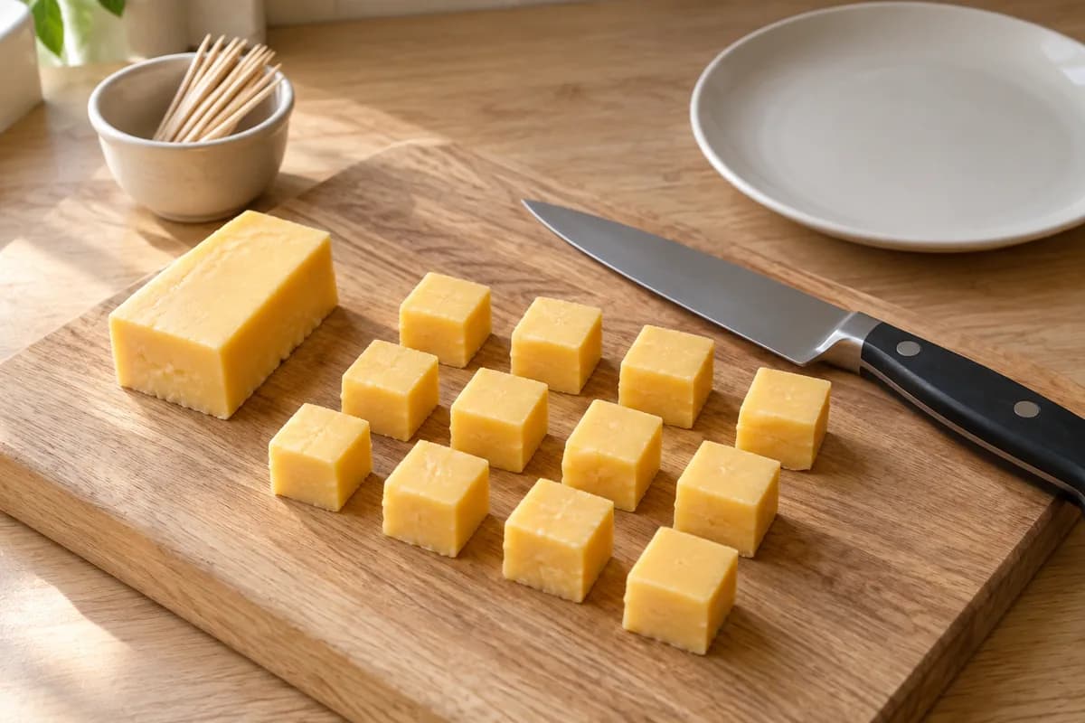 Pale oak board with firm mature cheddar cut into twelve similar cubes, a small remaining block and a safely resting kitchen knife.