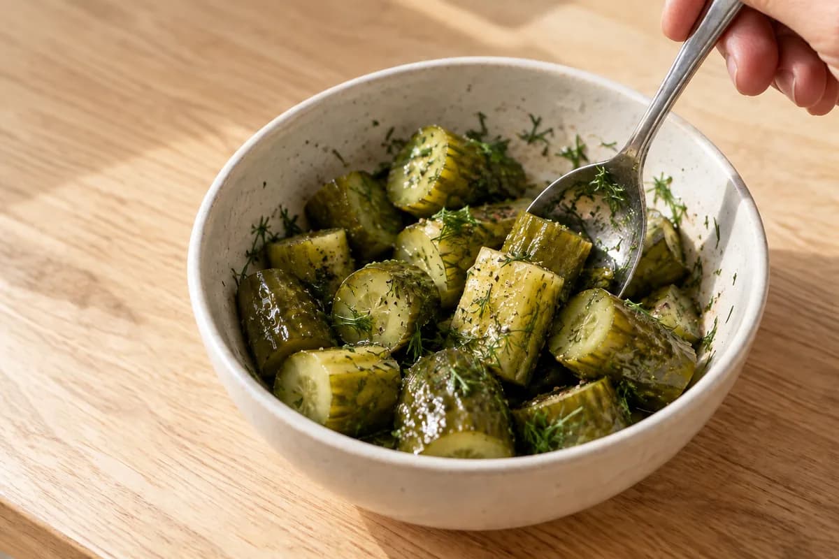 Small cream ceramic bowl with thick dill-pickle pieces being turned by a spoon through a light coating of olive oil, chopped dill and black pepper.