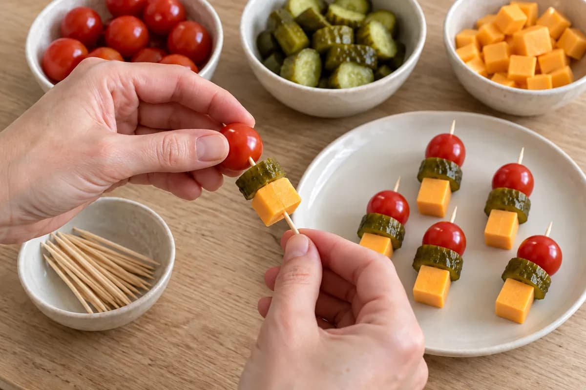 Clean hands carefully threading one small cherry tomato, one thick green pickle piece and one cheddar cube onto a short plain wooden cocktail stick.