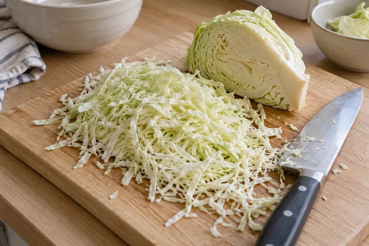 Pale oak cutting board with white cabbage cut into very thin short ribbons, a cored cabbage wedge beside it and a safe resting broad knife.