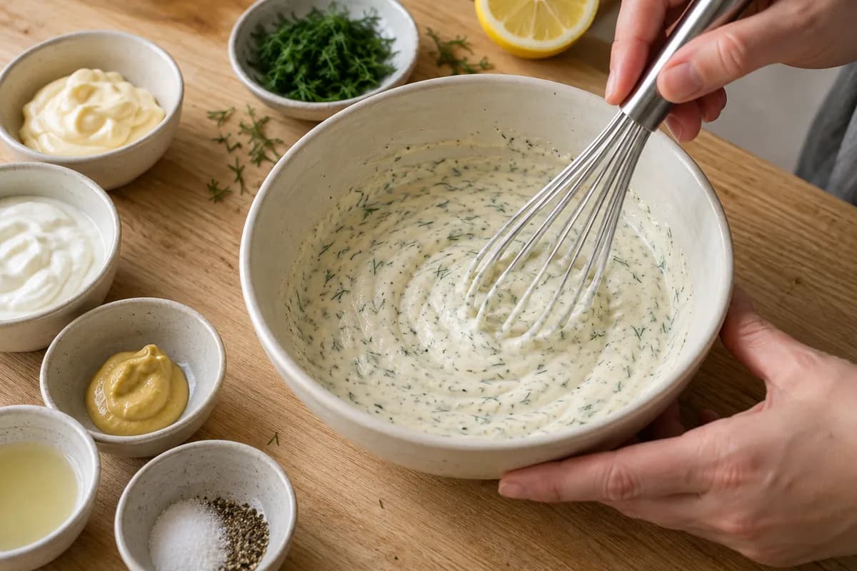 Small cream ceramic bowl with mayonnaise, thick yoghurt, Dijon mustard, lemon juice, dissolved sugar and pepper being whisked smooth; finely chopped dill just mixed through.