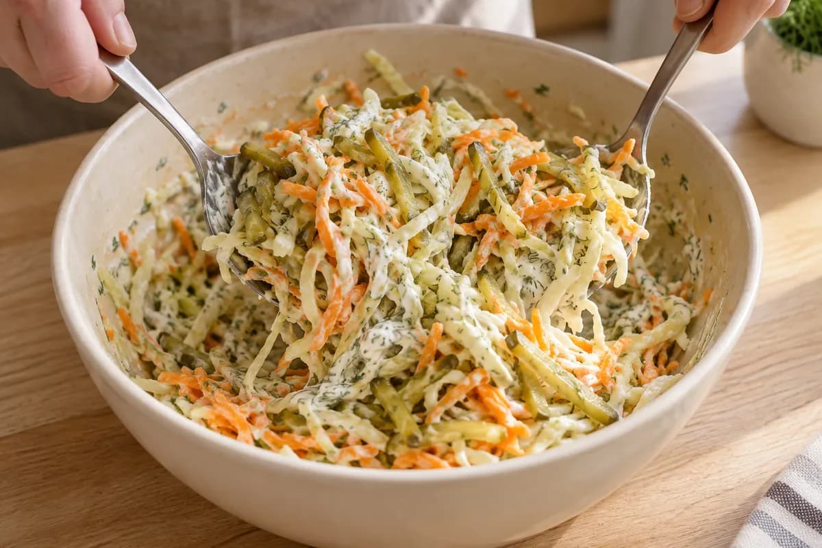 Large cream ceramic mixing bowl of thin white cabbage ribbons, coarse grated carrot and fine green pickle matchsticks.