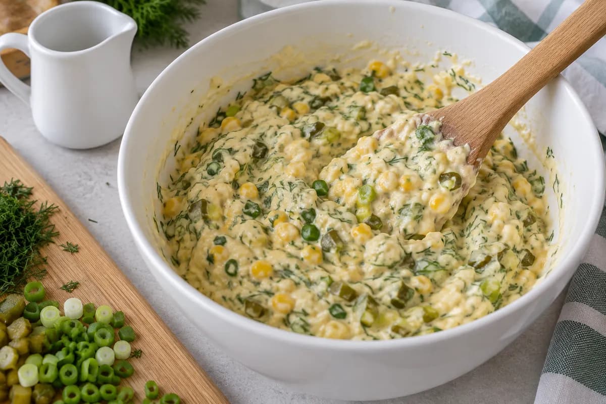 Corn, pickle and herbs folded through a thick fritter batter.