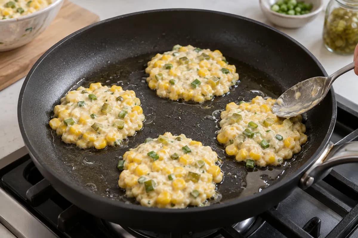 Four small fritters spread apart in a lightly oiled frying pan.