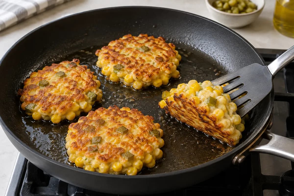 A corn-and-pickle fritter turned with a broad spatula after its underside browns.