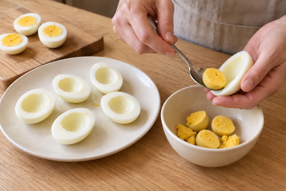 Six peeled firm-boiled eggs halved lengthways on a pale oak board, their whites arranged hollow-side up on a plain cream plate.