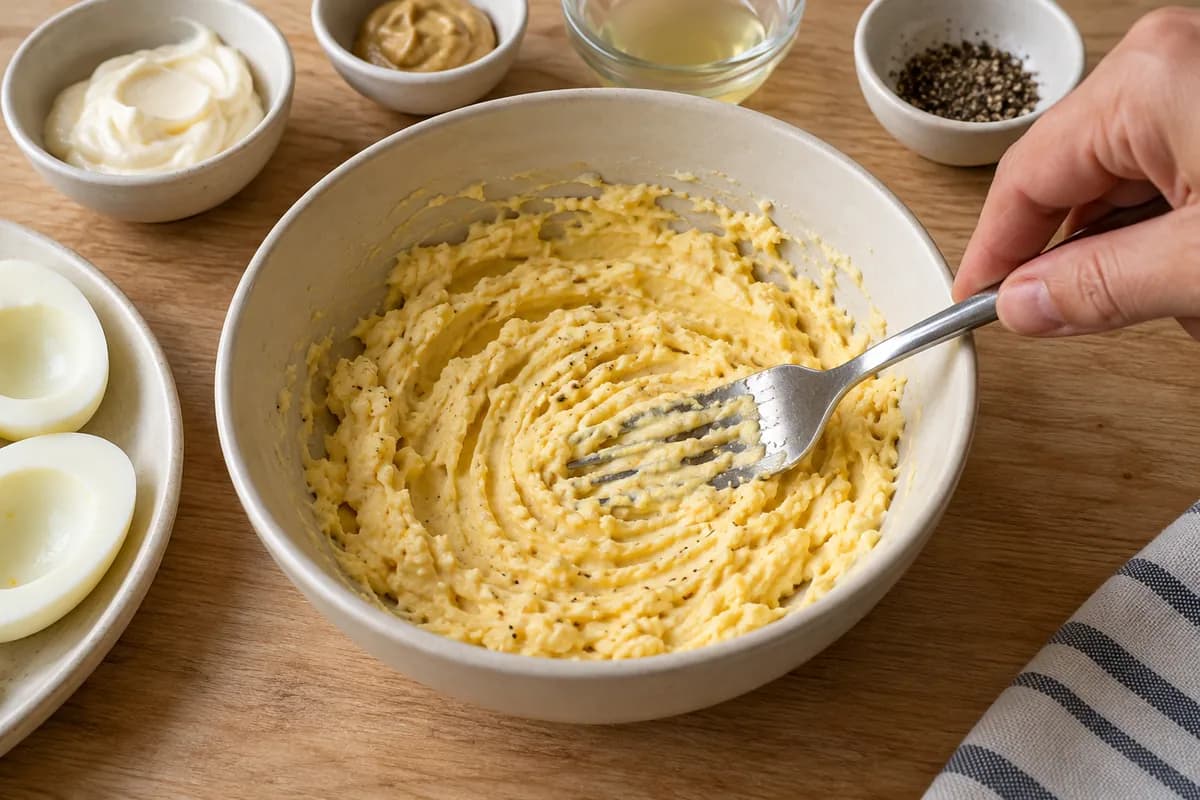 Cooked egg yolks being mashed with mayonnaise, Dijon mustard, pickle brine and pepper.