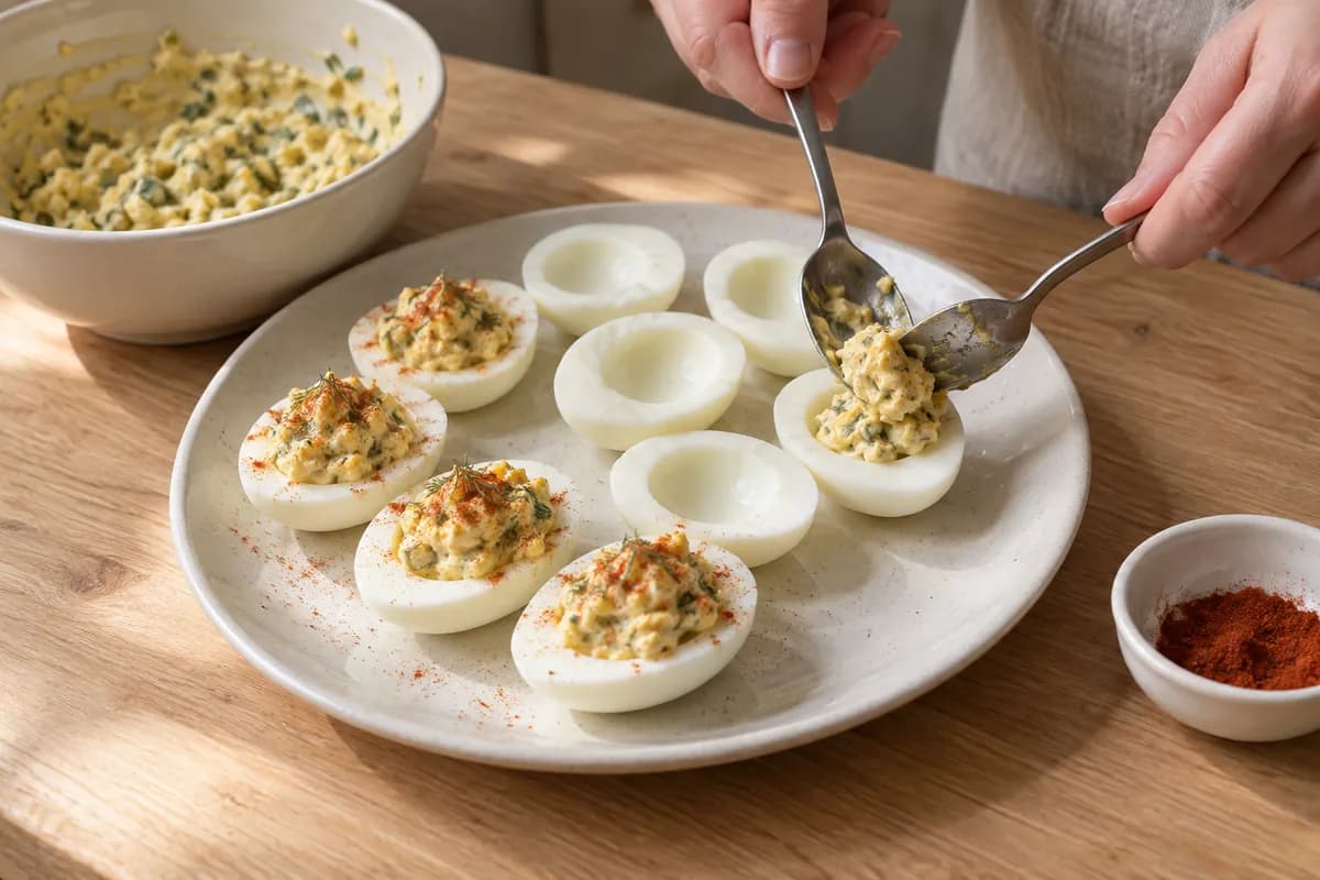 Plain cream plate with several hollow egg-white halves and several already filled.