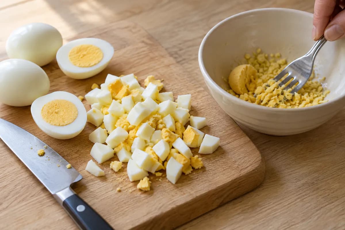 Pale oak board with peeled firm-boiled eggs being chopped into roughly 1 cm pieces, fully set yellow yolks and opaque whites, safe knife resting beside chopped pieces.