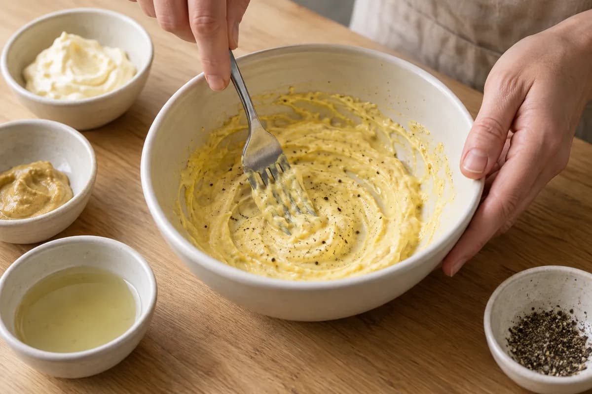 Small cream ceramic mixing bowl with one mashed firm egg yolk, mayonnaise, Dijon mustard, measured pickle brine and pepper being worked smooth with a fork.