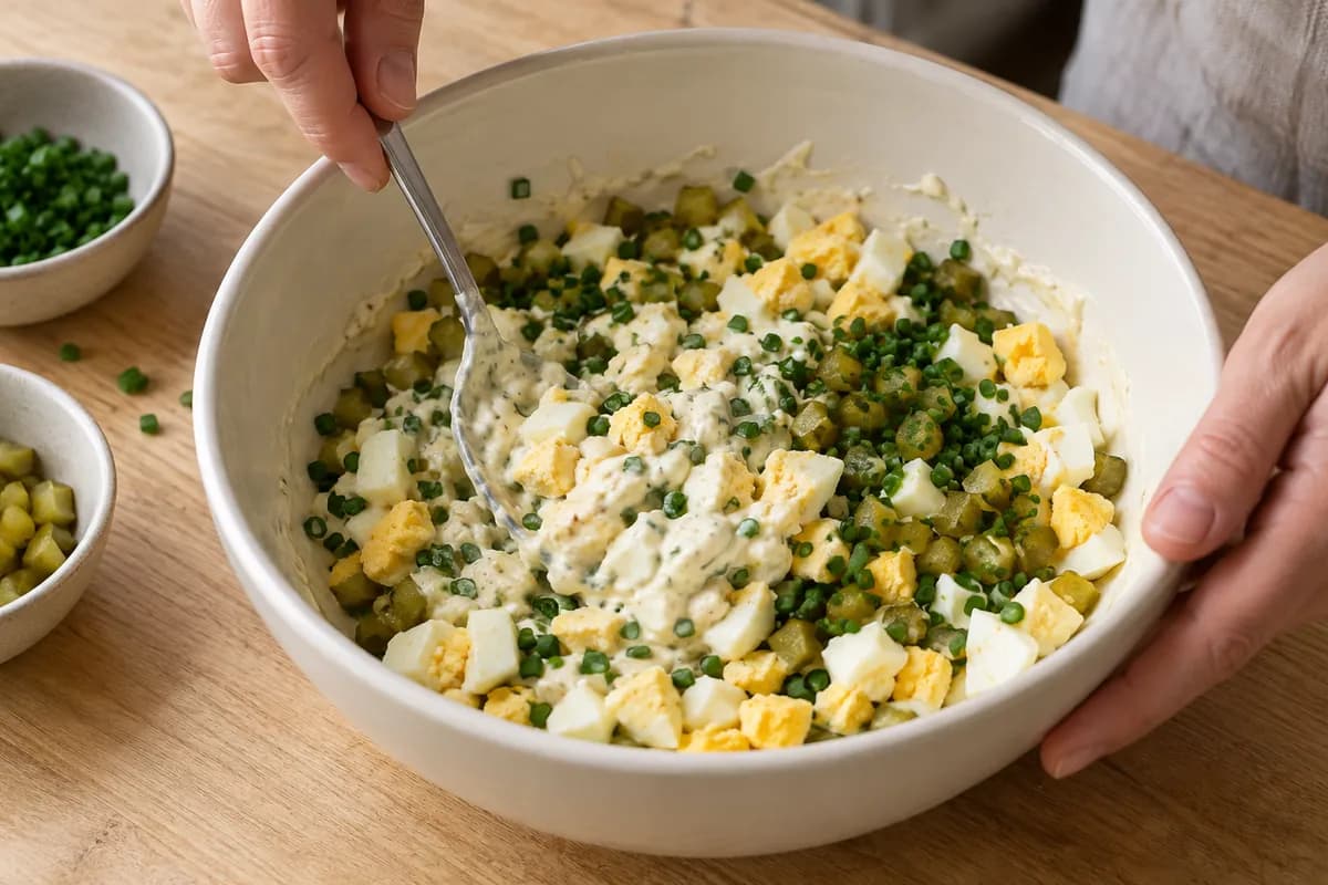 Cream ceramic mixing bowl of roughly chopped firm eggs, small dill-pickle cubes and chive rings being folded into pale creamy dressing with a spoon.