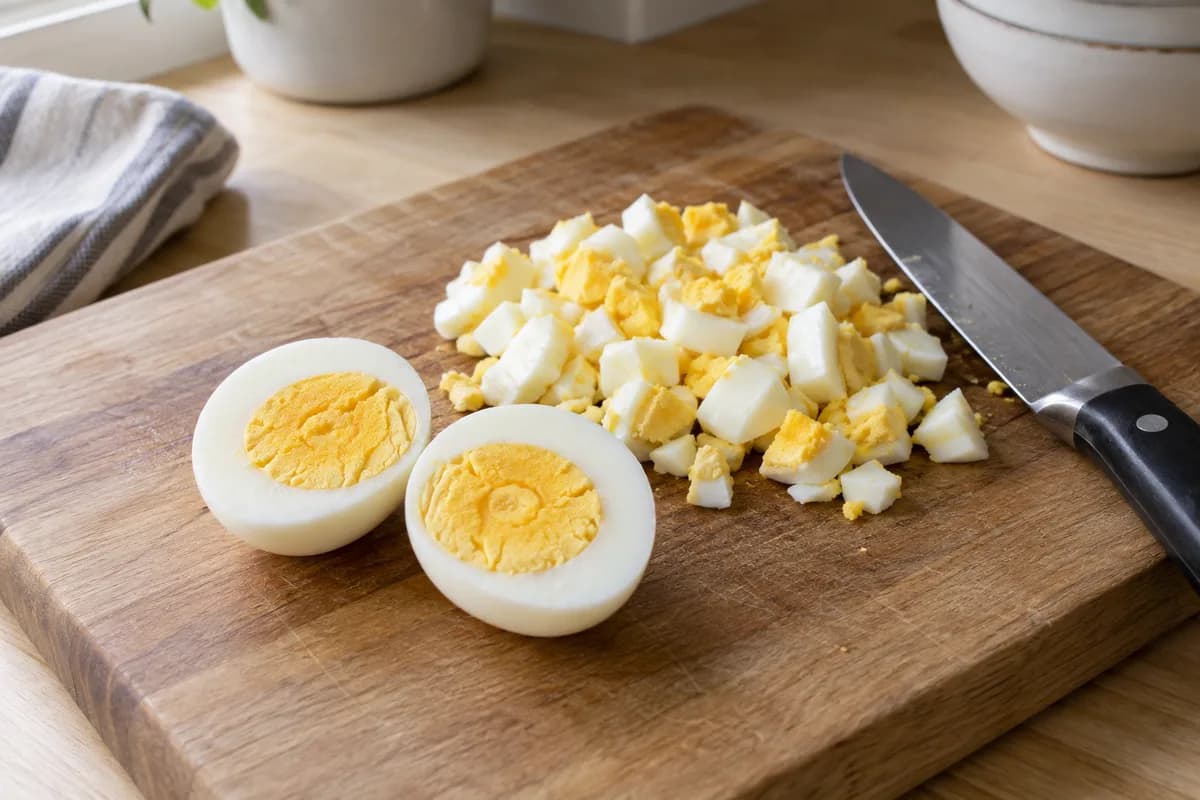 Firm hard-cooked eggs chopped into uneven pieces on a board