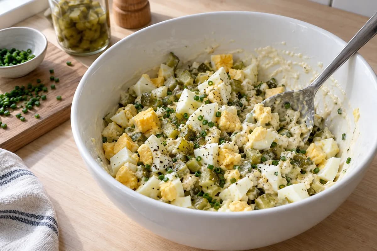 Chopped eggs and pickles folded through mayonnaise and chives