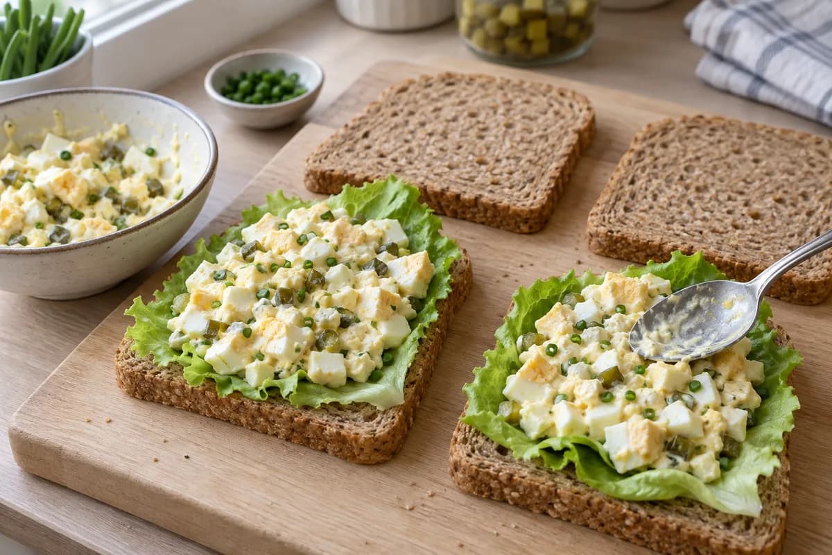 Egg salad spread over lettuce on two wholemeal bread slices