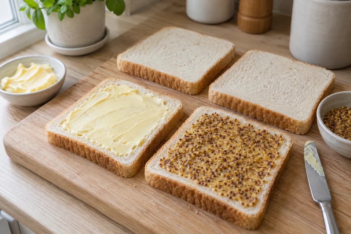 Bread slices with softened butter and a thin layer of wholegrain mustard