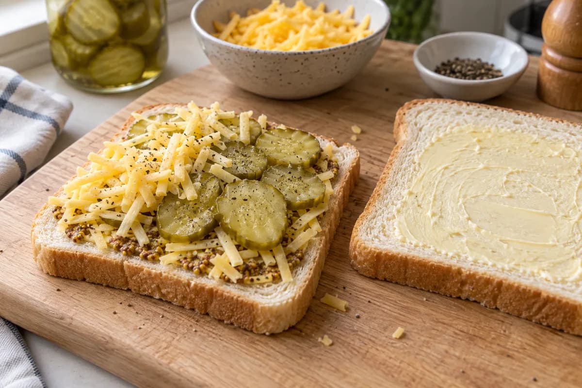 A thin pickle layer placed between grated cheddar on bread