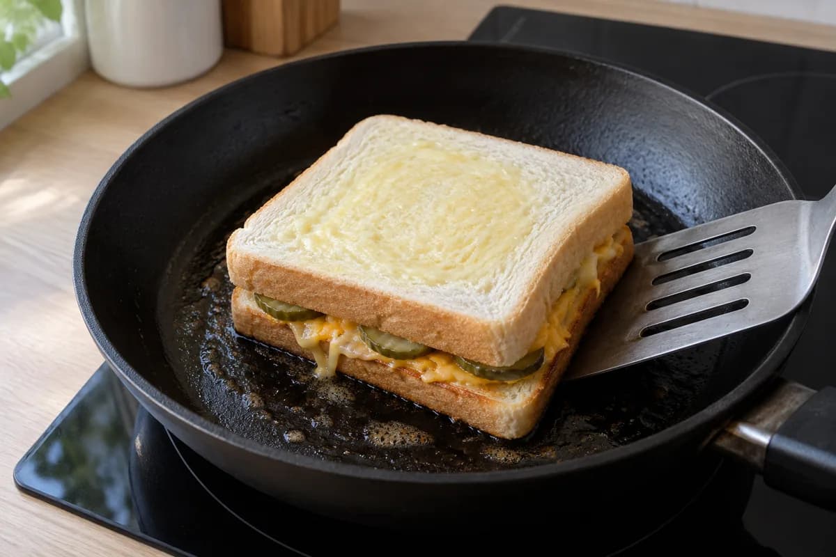A sandwich browning gradually in a dark frying pan