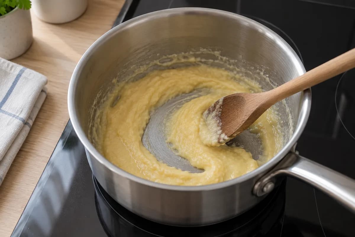 Butter and flour stirred into a smooth pale roux in a saucepan