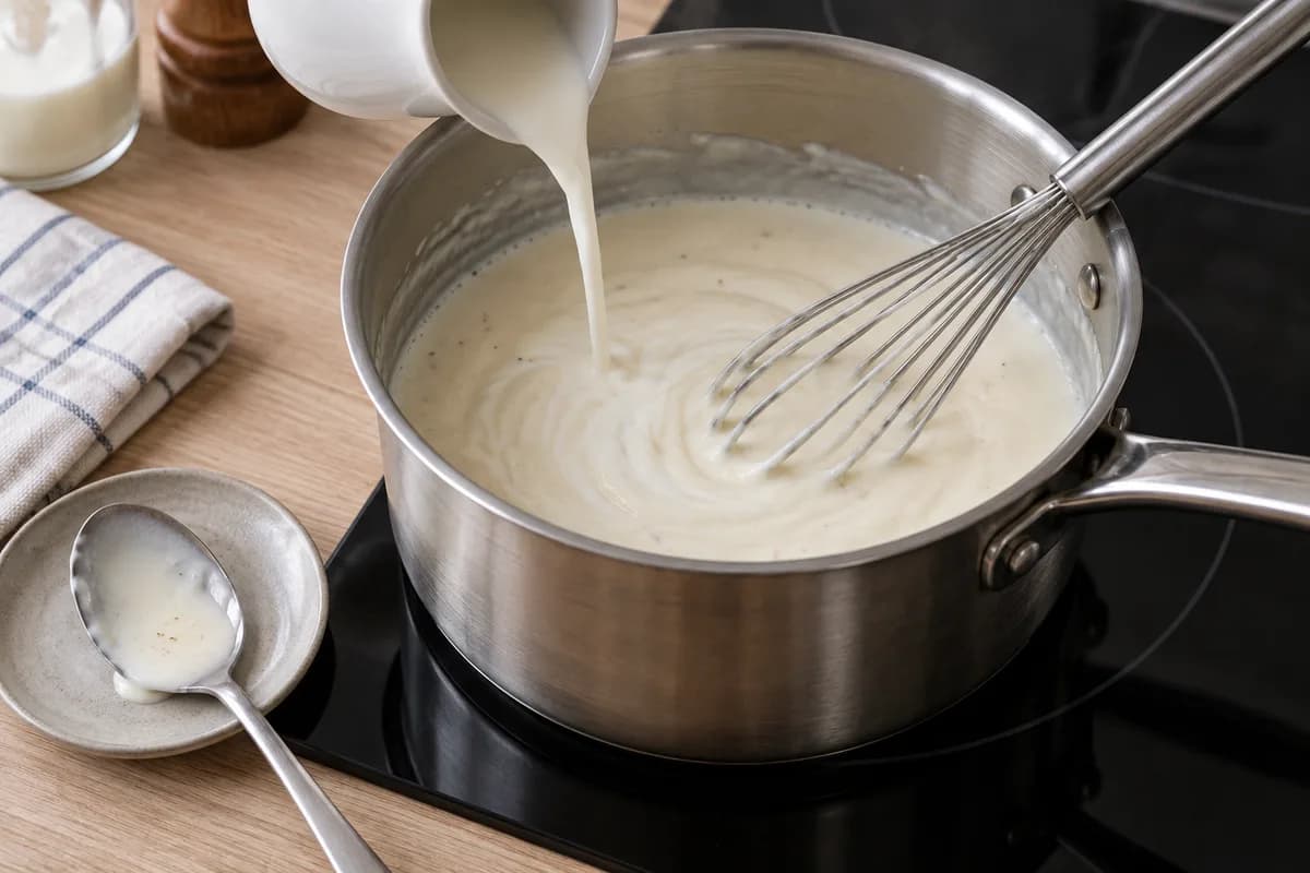 Milk being whisked into a smooth white sauce